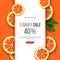 Summer sale banner with sliced grapefruit pieces, leaves and dotted pattern. Orange background - template for seasonal