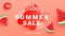 Summer sale banner in trendy style with tropical leaves and Flying ripe watermelon slices in the air bright pink minimal