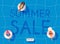 Summer Sale Banner. Women in swim suits lying on floating swimming pool mattresses. Poster, Flyer, Vector