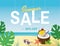 Summer Sale beautiful banner design with coconut coctail, sea star and sunglasses on the beach with green leaves illustration. 30%