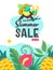 Summer sale. Bright colorful advertising poster. Cheerful Toucan