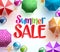 Summer Sale in Colorful Umbrella Background with Beach Balls