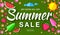 Summer sale horizontal flat banner with flat paper sun, watermelon, ice cream, strawberry, flower, vector elements.