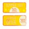 summer sale and offer with 50 percentages off and sun and starfish signs, yellow drawn labels