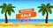 Summer sale offer banner promotion with illustration of sand beach view with coconut palm tree