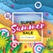 Summer Sale in paper cut style. Origami Beach rest. Summer vacantion poster. Top view on colorful beach elements. Square