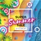 Summer Sale in paper cut style. Origami Beach rest. Summer vacantion poster. Top view on colorful beach elements. Square