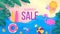 Summer sale paper cut. Travel and vacation discount banner with top view of sea beach with waves and leaves. Vector sale