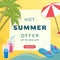 Summer sale social media banner template. Tropical resort, tourist agency advertising poster concept. Palm trees, flip