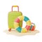 Summer sale with suitcase and colorful inflatable ring isolate on white background,summer beach elements,3d rendering