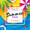 Summer Sale Template banner. Beach rest. Summer vacantion. Top view on colorful beach elements. Square frame with space