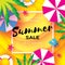 Summer Sale Template banner. Beach rest. Summer vacantion. Top view on colorful beach elements. Square frame with space
