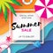 Summer Sale Template banner. Beach rest. Summer vacantion. Top view on colorful beach elements. Square frame with space