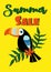 Summer Sale tropic banner with Toucan bird, and palm leaves.