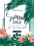 Summer sale. Tropical banner, poster with beautiful flowers, plants and leaves . Vector illustration.