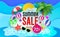 Summer sale vector banner design. Summer sale up to 70% off text in beach island background with tropical season elements