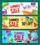 Summer sale vector banner set with 50% off discount text and summer elements