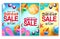 Summer sale vector poster set. Summer sale text offer in colorful background with elements like drinks, sunglasses and flipflop.