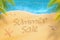 Summer sale written on beach. Summer time travel and relax