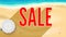 Summer sand of beach on the seashore. Selling ad banner. Summer sale horizontal background. Umbrella, beach slippers and