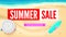 Summer sand of beach on the seashore. Selling ad banner. Summer vacation discounts. Umbrella, beach Mat and slippers