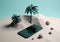 summer sand sea holiday mock phone cyber palm up creative concept. Generative AI.