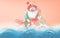 Summer Santa Claus Christmas day July concept.Delivery service cute cartoon character for Xmas design on sea wave water background