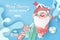 Summer Santa Claus Christmas day July concept.Delivery service cute cartoon character for Xmas design on splash water background.