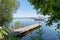 Summer scene in lake in Gironde France in Lacanau village with boat