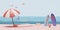 Summer sea beach and sky with umbrella,beach ball,Inflatable flamingo,rubber raft ,surfboard starfish, plane, cloud landscape