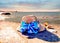 Summer sea beachwear on sand summer beach women beachwear on sand, hat with blue bow sunglasses handbag seashell and flowee