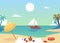 Summer sea shore landscape with food served for picnic, flat vector illustration.