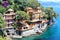 Summer sea view of the beautiful city on Liguria coast - Portofino, Italian riviera.