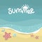 Summer sea with waves background, starfish and mollusks, yellow sand beach, vector design template, lettering illustration