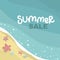 Summer sea with waves background, starfish and mollusks, yellow sand beach, vector design template, lettering illustration