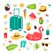 Summer seamless cute colorful objects set with flamingo, tropical leaves, suitcase, shells, beach hat