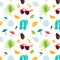 Summer seamless cute colorful pattern with flip flops, shells,  tropical leaves