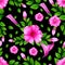 Summer seamless floral pattern with hand drawn watercolor pink petunias flowers,buds and green leaves.On black background