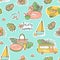 Summer seamless pattern with beach elements such as palm tree, watermelon slice, bag, ice cream, flamingo, swimming