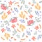 Summer seamless pattern with beautiful wildflowers, leaves and ear of wheat on white background.