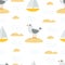 Summer seamless pattern with cartoon gull, ship,  decor elements. colorful vector, flat style.