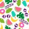 Summer seamless pattern with cartoon ice cream, glasses, watermelons, bananas, leaves, hand drawing lettering, decor elements. col