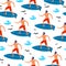Summer seamless pattern with cartoon surfing boys on the surf boards, decor elements. colorful vector, flat style. hand drawing. S