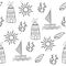 Summer seamless pattern in Doodle style on a white background with a lighthouse, sailboat and sun. Abstract infinite texture.