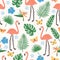 Summer seamless pattern with exotic jungle foliage, pink flamingos, exotic blooming flowers and butterflies on white