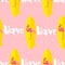 Summer seamless pattern with flamingo, surfboard and text on pink background. Flat design. Vector card