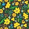 Summer seamless pattern. Flowers, bees and honey on black background. Doodle