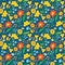 Summer seamless pattern. Flowers, bees and honey on blue background