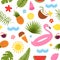 Summer seamless pattern. Hawaiian beach, kid seasonal background. Palms and fruits, ocean accessories. Vacation fabric