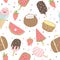 Summer seamless pattern with ice cream, fruits, dots, strawberries, hearts.